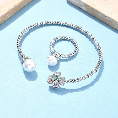Heart Clover Brass Micro Pave Cubic Zirconia Cuff Bangles & Rings Sets for Women SJEW-R002-02P-01-1
