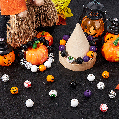 210Pcs 8 Styles Halloween Theme Printed Natural Wooden Beads WOOD-SP0001-07-1