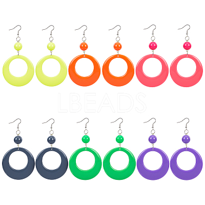6 Pairs 6 Colors Donut Resin Dangle Earrings with Iron Pins for Women EJEW-AN0004-14-1