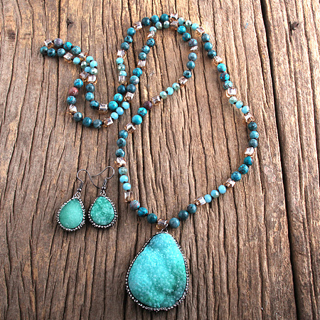 Teardrop Bohemian Style Glass with Natural Apatite Pendant Necklace & Dangle Earrings Sets FS-WG0DE9F-01-1