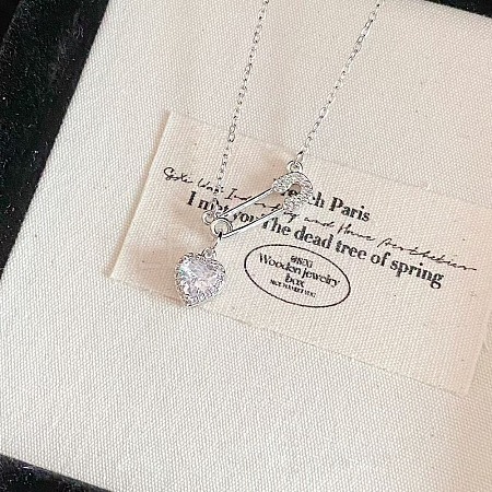 Heart Safety Pin Brass Pave Cubic Zirconia Pendant Necklaces for Women FS-WGA6C95-03-1