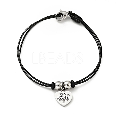 304 Stainless Steel Heart with Tree of Life Charm Bracelet with Waxed Cord for Women BJEW-A125-17-1