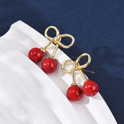 Cherry Brass ABS Plastic Pearl Stud Earrings EJEW-U062-03G-02-1