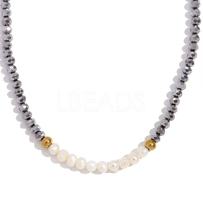 Fashion European Style Pearl Pendant Necklace for Women Handcrafted Stainless Steel Freshwater Pearl Deep Cut Crystal AX4759-6-1