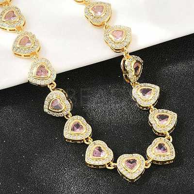 Brass Pave Pink Cubic Zirconia Heart Tennis Necklaces KK-CBA4547-17B-G-1