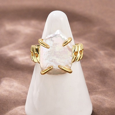 Square Natural Pearl Finger Rings RJEW-K286-09G-1