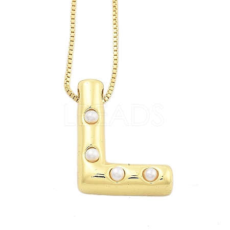 Brass & Plastic Pearl Letter Pendant Box Chain Necklaces for Women NJEW-U017-01G-12-1