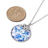 Steel Blue Glass Flat Round & Alloy Pendant Necklace NJEW-JN04453-02-3