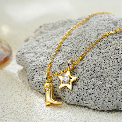 304 Stainless Steel Micro Pave Clear Cubic Zirconia Cowboy Boot and Star Pendant Necklaces FS-WGF88B1-04-1