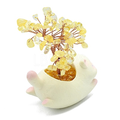 Natural Yellow Quartz Chips Tree of Life Decorations with Cat Display Decorations DJEW-K025-03D-1