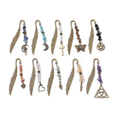 10Pcs Natural Mixed Gemstone Chips Beads and Alloy Pendant Bookmark AJEW-JK00349-1