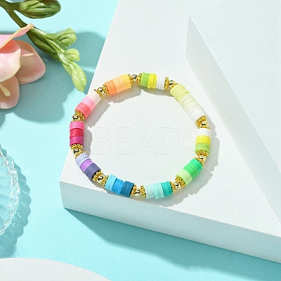 Polymer Clay Disc & Alloy Round Beaded Stretch Bracelet BJEW-JB09638-01-1