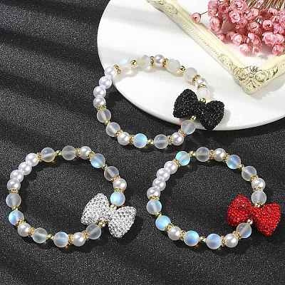 3Pcs 3 Color Synthetic Moonstone & Hematite & Plastic Pearl Beaded Stretch Bracelets Set BJEW-JB09507-1