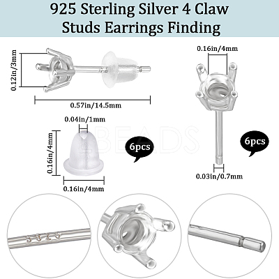 Anti-Tarnish 3 Pairs Rhodium Plated 925 Sterling Silver Stud Earrings Finding STER-BBC0005-67B-1