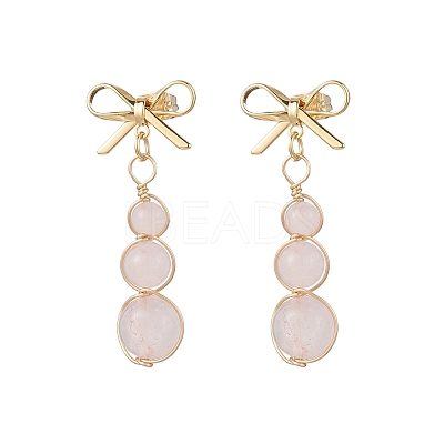 Natural Rose Quartz Bowknot with Round Dangle Stud Earrings EJEW-JE06780-01-1