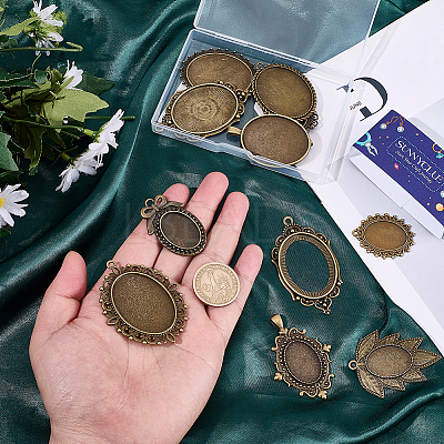 12Pcs 12 Styles Tibetan Style Zinc Alloy Pendant Cabochon Settings TIBEP-SC0003-48-1