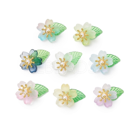 Flower Glass with Leaf Acrylic Charms HJEW-JM02572-02-1