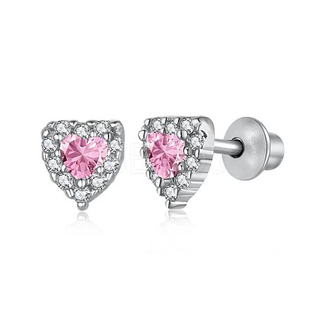 Rhodium Plated 925 Sterling Silver Micro Pave Cubic Zirconia Heart Stud Earrings for Woman EJEW-P231-75A-1