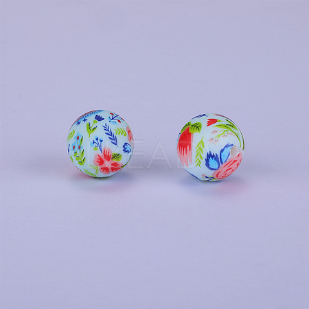 Printed Round with Flower Pattern Silicone Focal Beads SI-JX0056A-113-1