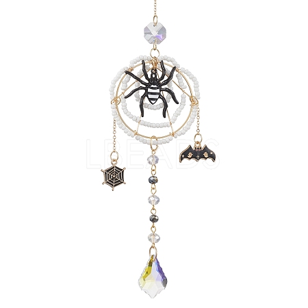 Halloween Wire Wrapped Glass Beads & Alloy Enamel Spider Hanging Ornaments HJEW-TA00205-1