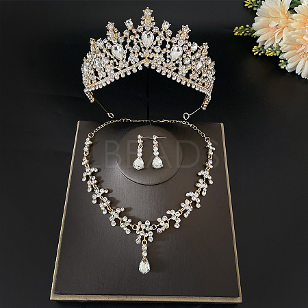 Teardrop Alloy Rhinestone Pendant Necklaces & Stud Dangle Earrings & Crown Hair Band Sets FS-WGFDFEC-05-1
