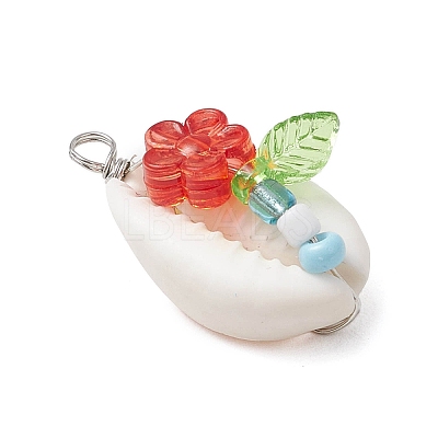 Natural Cowrie Shell & Acrylic & Glass Seed Beads Flower Shell Shaped Pendants PALLOY-JF03819-1