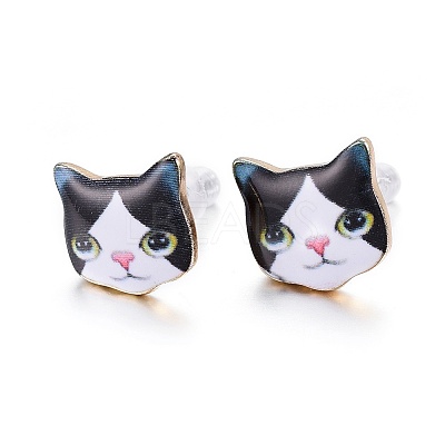 Real 14K Gold Plated Alloy Kitten Stud Earrings EJEW-G148-01G-03-1