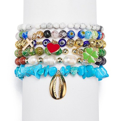 6Pcs 6 Style Natural Mixed Gemstone & Pearl & Glass Beaded Stretch Bracelets Set BJEW-JB08876-1