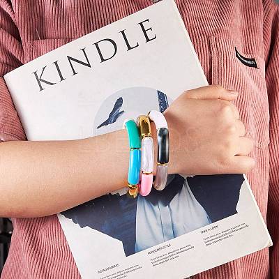 Candy Color Chunky Curved Tube Acrylic Beads Stretch Bracelets Set for Women BJEW-SW00015-1
