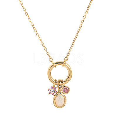 Brass Pave Cubic Zirconia Oval Flower Birth Stone Penant Necklaces with Synthetic Opal for Women WG88A4B-02-1