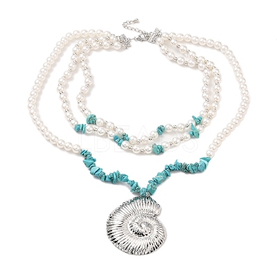 Boho Dyed Synthetic Turquoise Chip & Plastic Pearl Multi Layered Necklaces LS-NJEW-U006-04A-P-1