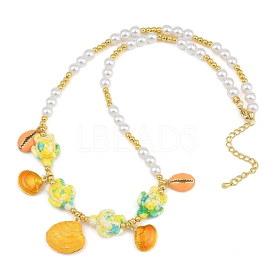 Ocean Brass Enamel Starfish Shell Shape Pendant Round ABS Imitation Pearl Beaded Necklaces KK-CBA4547-04A-G-1