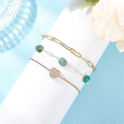 304 Stainless Steel Heart & Dyed Natural Green Agate Nuggets Link Chain 3 Layer Stackable Necklaces BJEW-JB12459-01-1