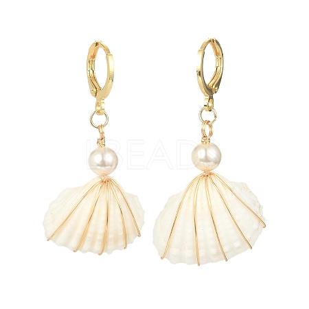 Natural Shell & Shell Pearl Dangle Leverback Earrings EJEW-TA00277-1