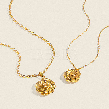 304 Stainless Steel Vintage 3D Rose Flower Pendant Necklaces for Women AM0132-1
