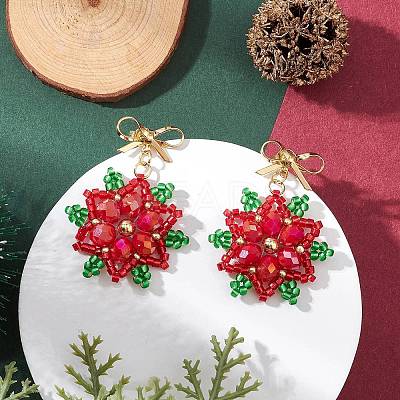 Brass Seed Beads Christmas Flower Snowflake Dangle Stud Earrings EJEW-MZ00492-1
