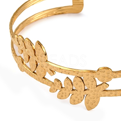 304 Stainless Steel Hollow Leaf Open Cuff Bangles for Women BJEW-K241-03A-G-1