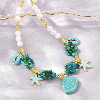 Ocean Brass Enamel Starfish Shell Shape Pendant Round ABS Imitation Pearl Beaded Necklaces KK-CBA4547-04B-G-1