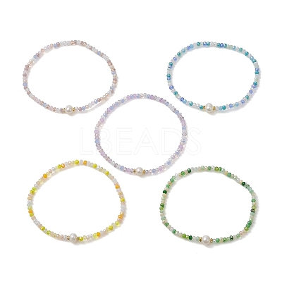 5Pcs 5 Styles Rondelle Faceted Glass Beaded Stretch Bracelets BJEW-JB10331-1