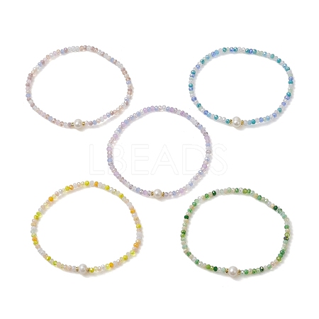 5Pcs 5 Styles Rondelle Faceted Glass Beaded Stretch Bracelets BJEW-JB10331-1