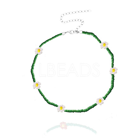 Bohemian Daisy Flower Glass Seed Beaded Necklaces with Alloy End Chains FS-WGC49A6-17-1