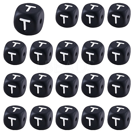 20Pcs Black Cube Letter Silicone Beads 12x12x12mm Square Dice Alphabet Beads with 2mm Hole Spacer Loose Letter Beads for Bracelet Necklace Jewelry Making JX433T-1