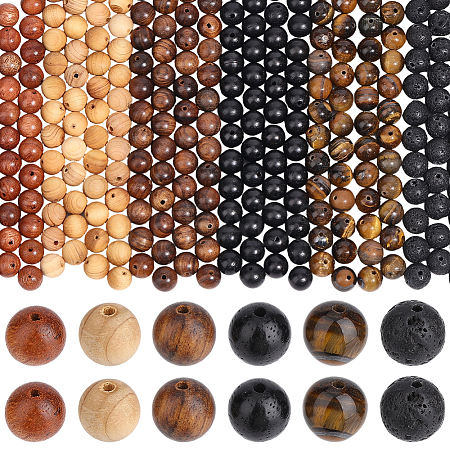 240Pcs 4 Colors Round Natural Wood & 60Pcs Natural Tiger Eye & 60Pcs Natural Lava Rock Beads Findings Kits DIY-PA0001-65-1