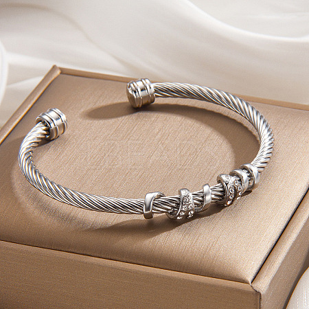 Duo Tone 304 Stainless Steel Crystal Rhinestone Open Cuff Bangles with Wrap Knot WGAAB88-01-1