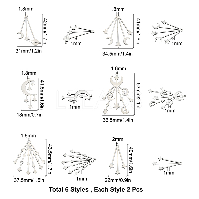 12Pcs 6 Style 201 Stainless Steel Pendants STAS-SC0003-02-1