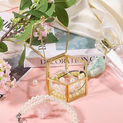 Glass Jewelry Presentation Boxes with Golden Tone Metal Frame CON-WH0133-014-1