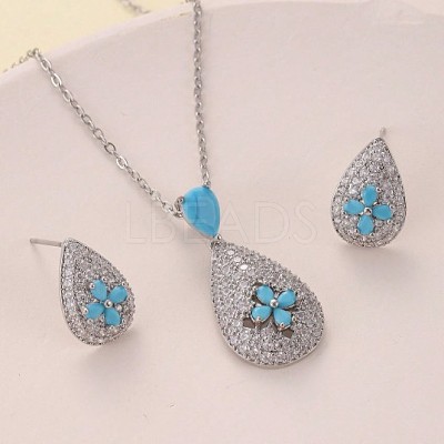 Brass Micro Pave Cubic Zirconia Pendant Necklaces & Stud Earrings Sets FS-WGE5CB1-01-1