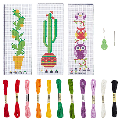 3 Sets 3 Style DIY Oval & Cactus Pattern Bookmark Cross-Stitch Kit DIY-NB0008-96-1