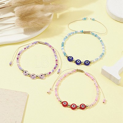 3Pcs 3 Color Evil Eye Lampwork & Glass Seed Braided Bead Bracelets Set BJEW-JB09574-1