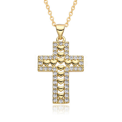 Brass Micro Pave Clear Cubic Zirconia Heart Cross Pendant Necklaces FS-WG8523C-03-1
